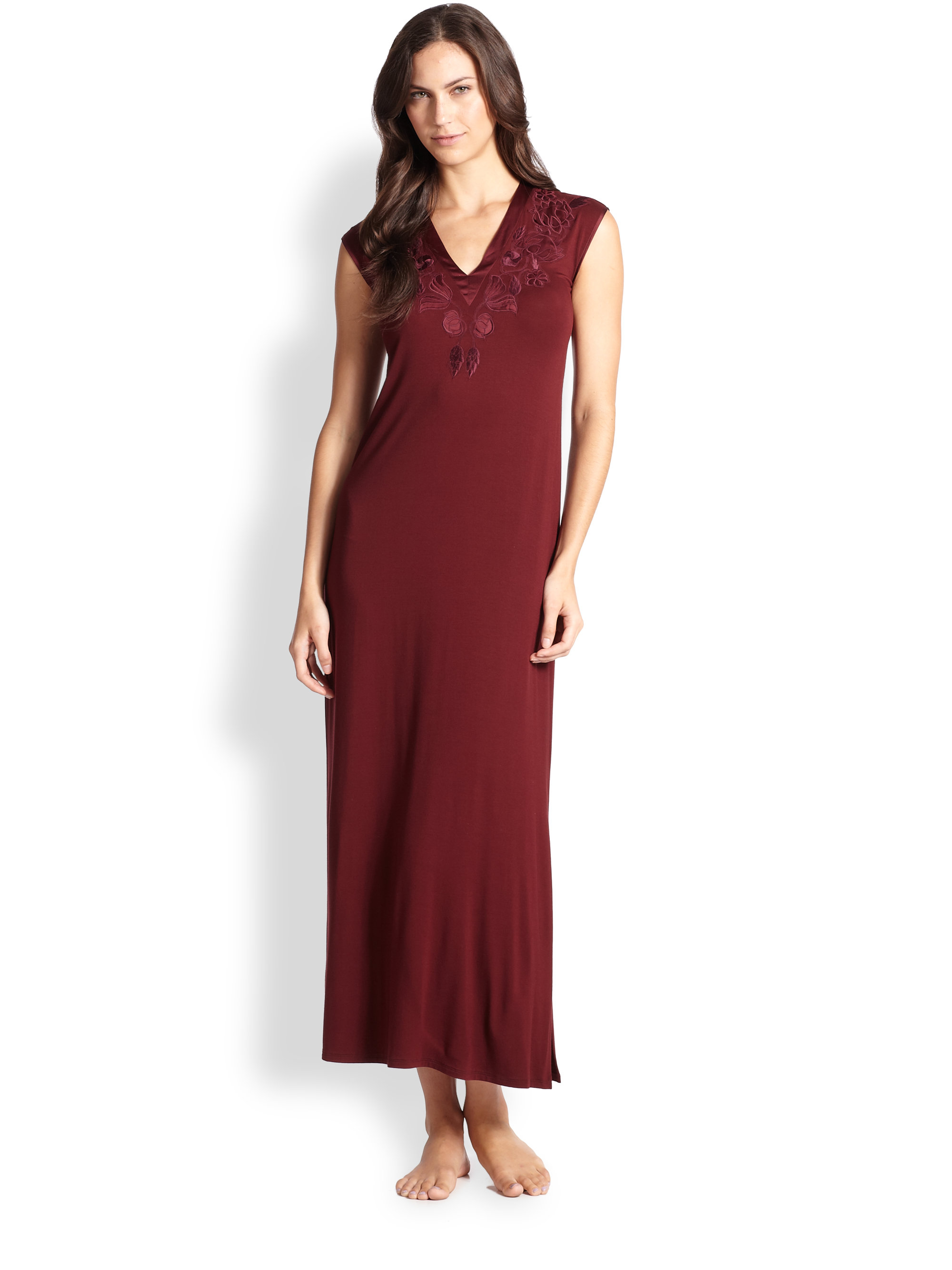 Josie natori Fuji Satin-Trimmed Jersey Long Gown in Red (PINOT) | Lyst