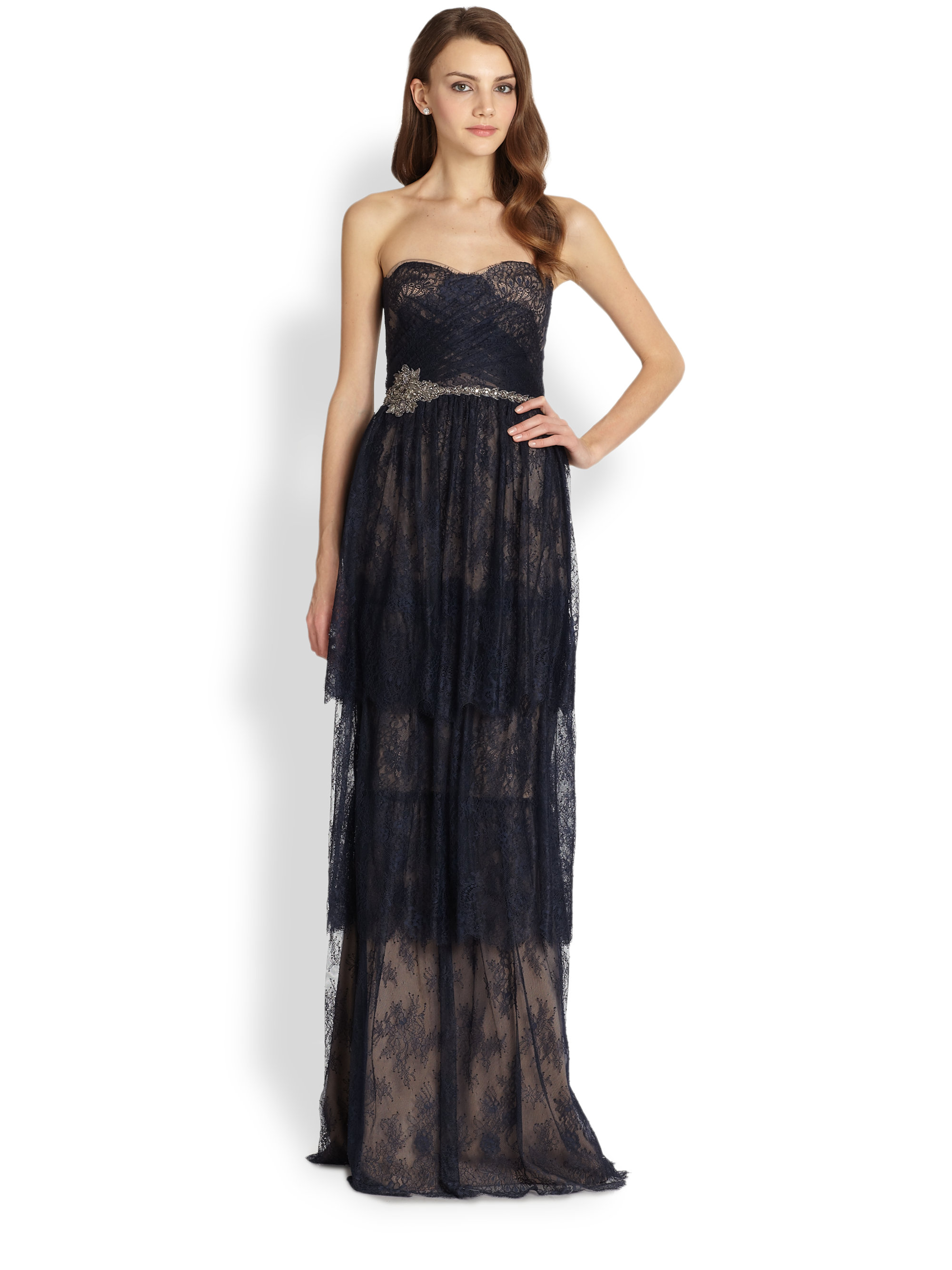 Marchesa notte Strapless Tiered Lace Gown in Navy (Blue) - Lyst