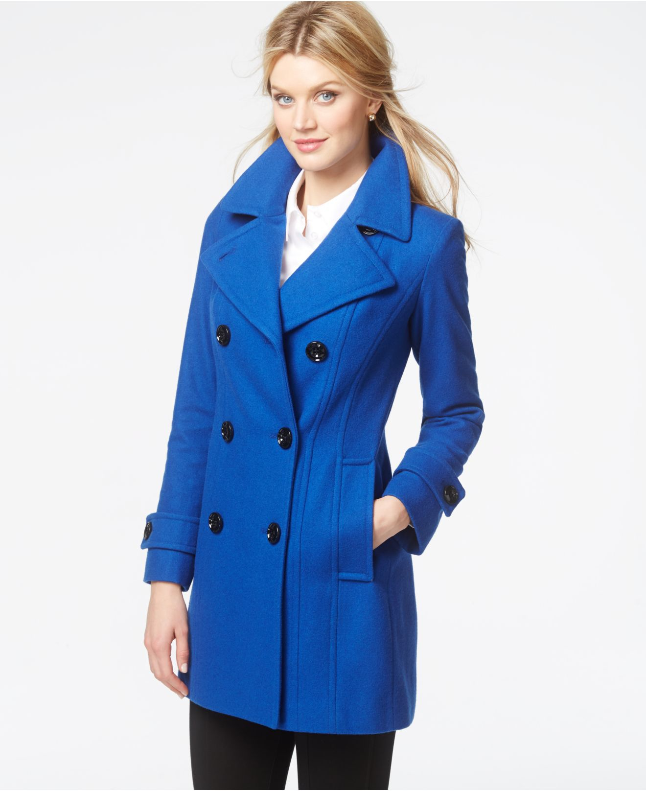 Anne klein Double-breasted Long Peacoat in Blue (Cobalt) | Lyst