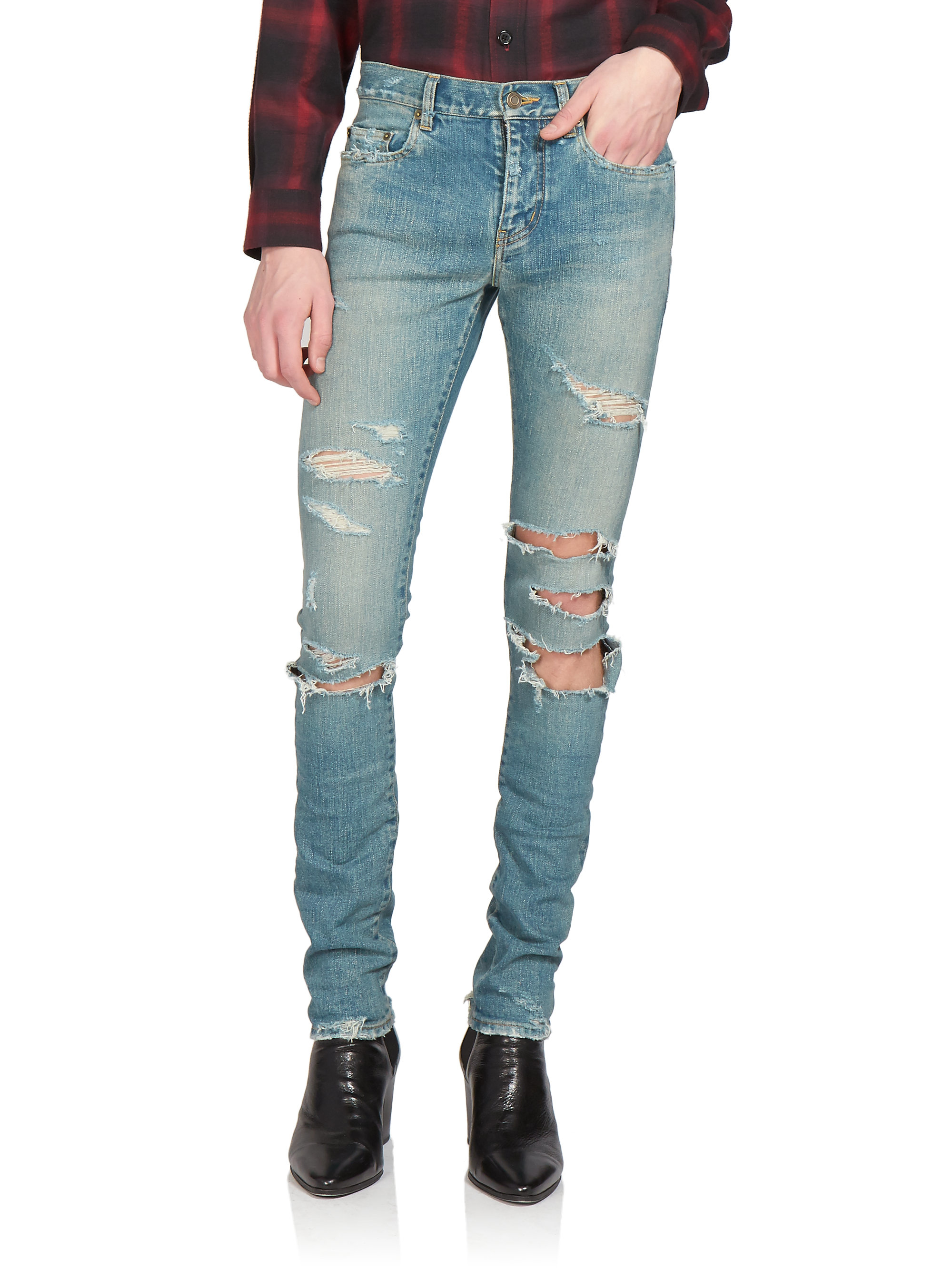 Saint Laurent Trashed Skinny Denim Jeans in Blue for Men | Lyst