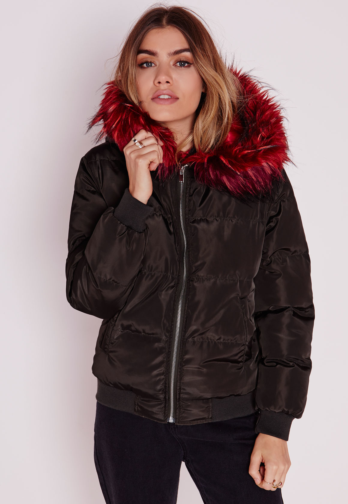 padded bomber jacket with fur hood