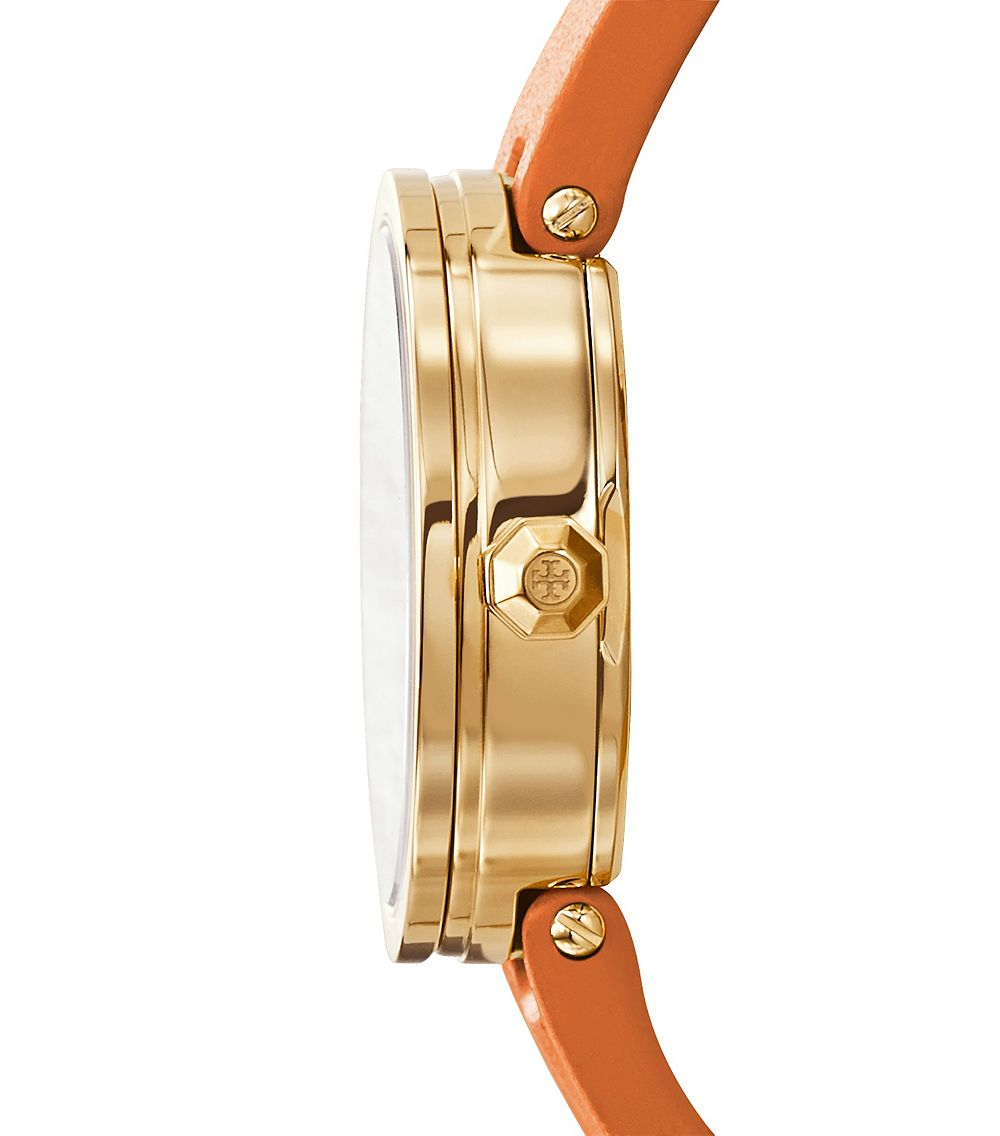 Tory Burch Reva Watch, Orange Leather/gold-tone, 28 Mm in Metallic | Lyst