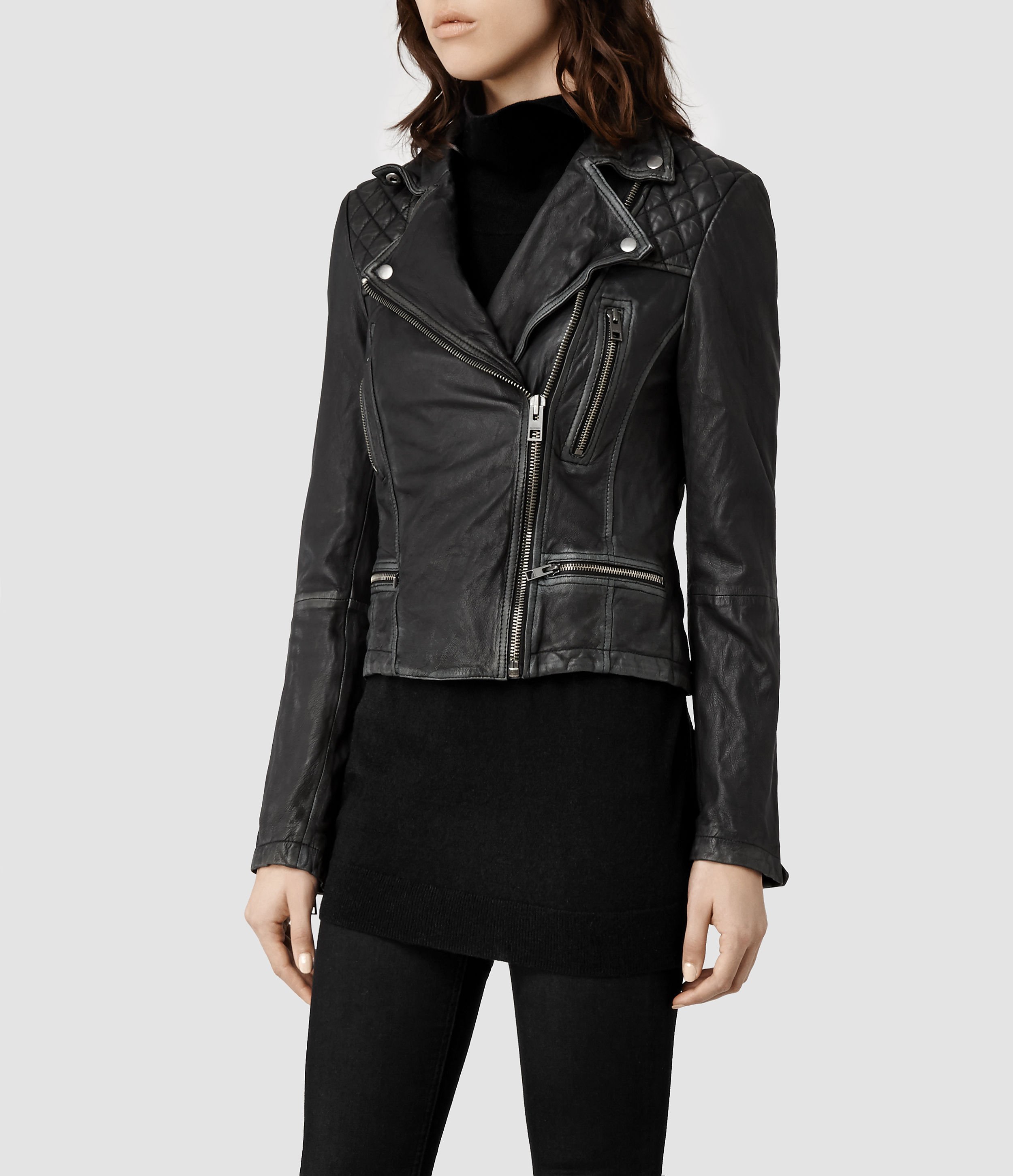 AllSaints Cargo Leather Biker Jacket in Black/Grey (Black) for Men - Lyst