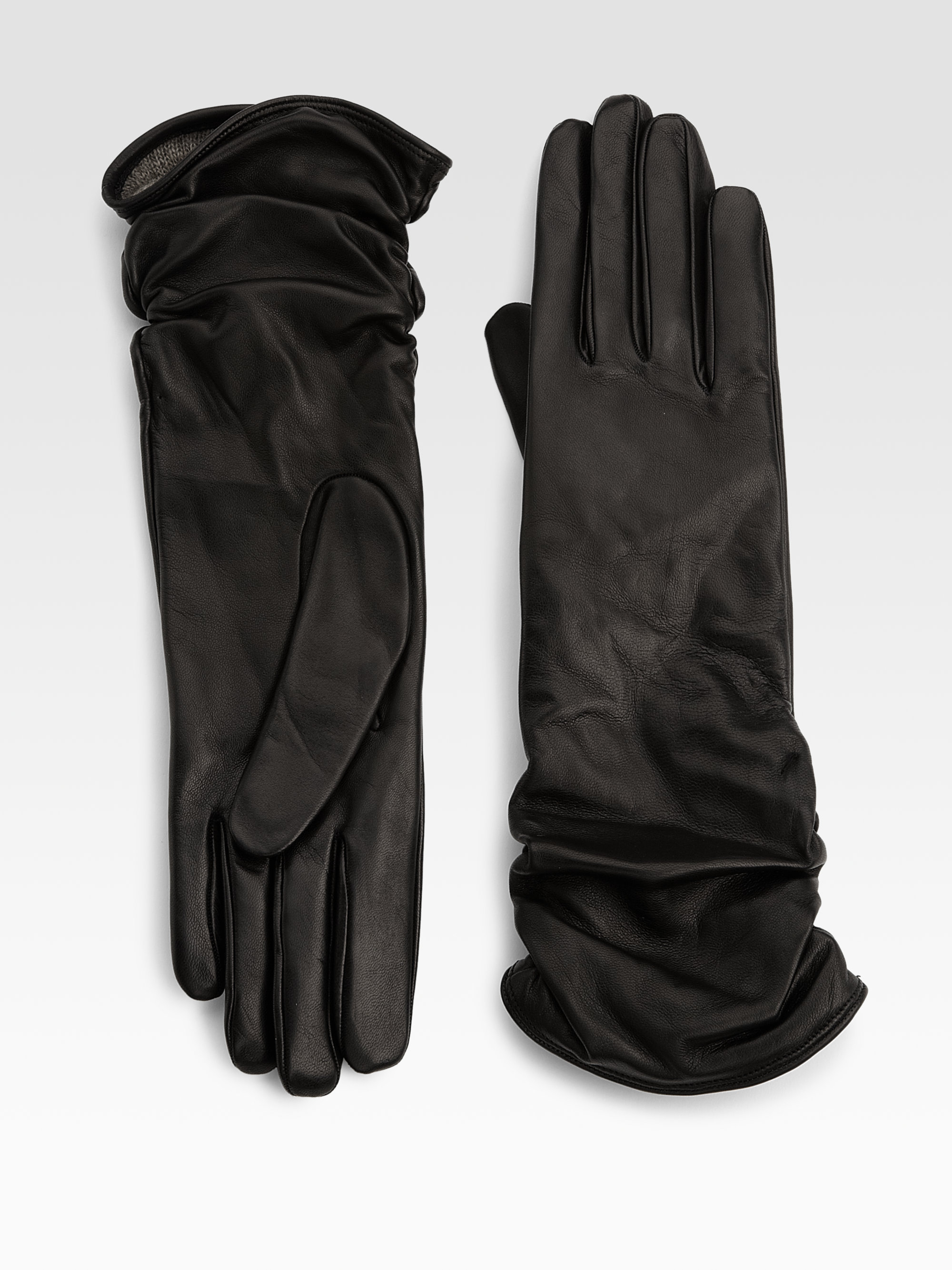 Saks Fifth Avenue Ruched Leather Gloves in Black - Lyst