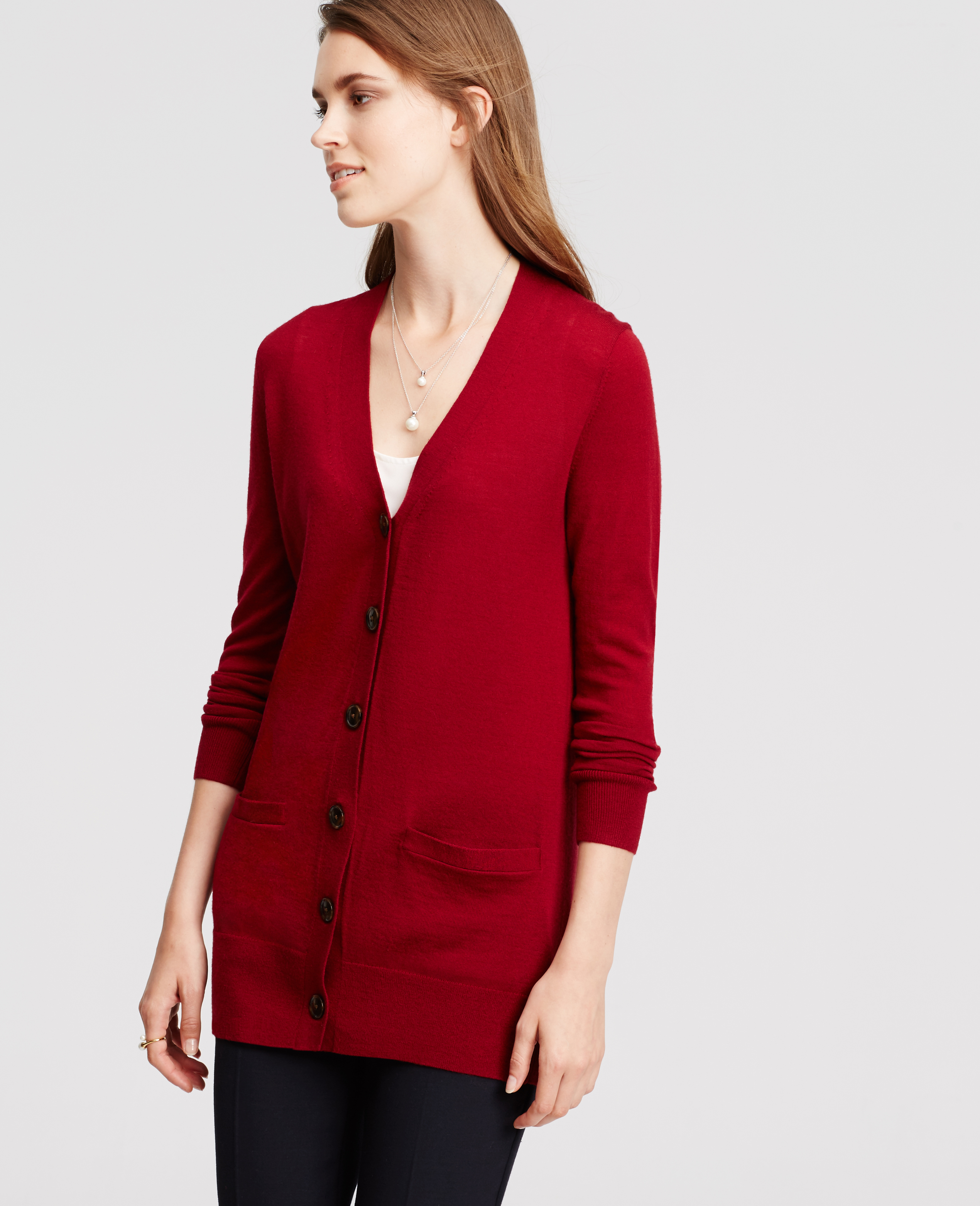 Ann taylor Merino Wool Boyfriend Cardigan in Red Lyst