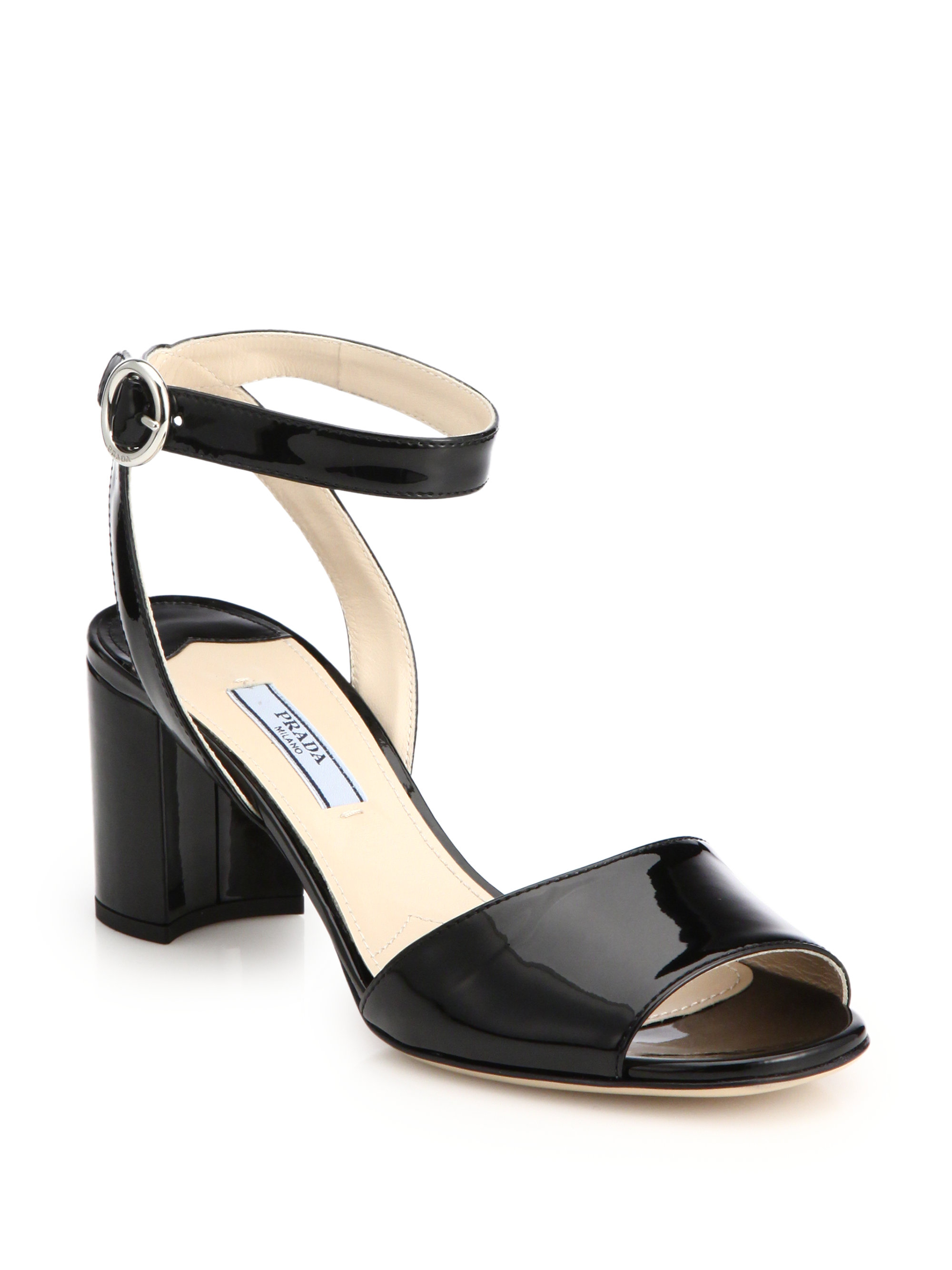 Prada Patent Leather Block-Heel Sandals in Black | Lyst