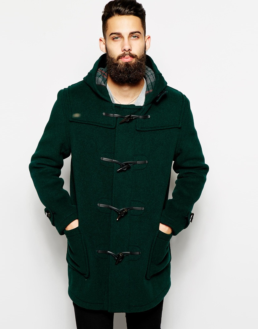 Gloverall Duffle Coat With Check Hood in Green for Men - Lyst