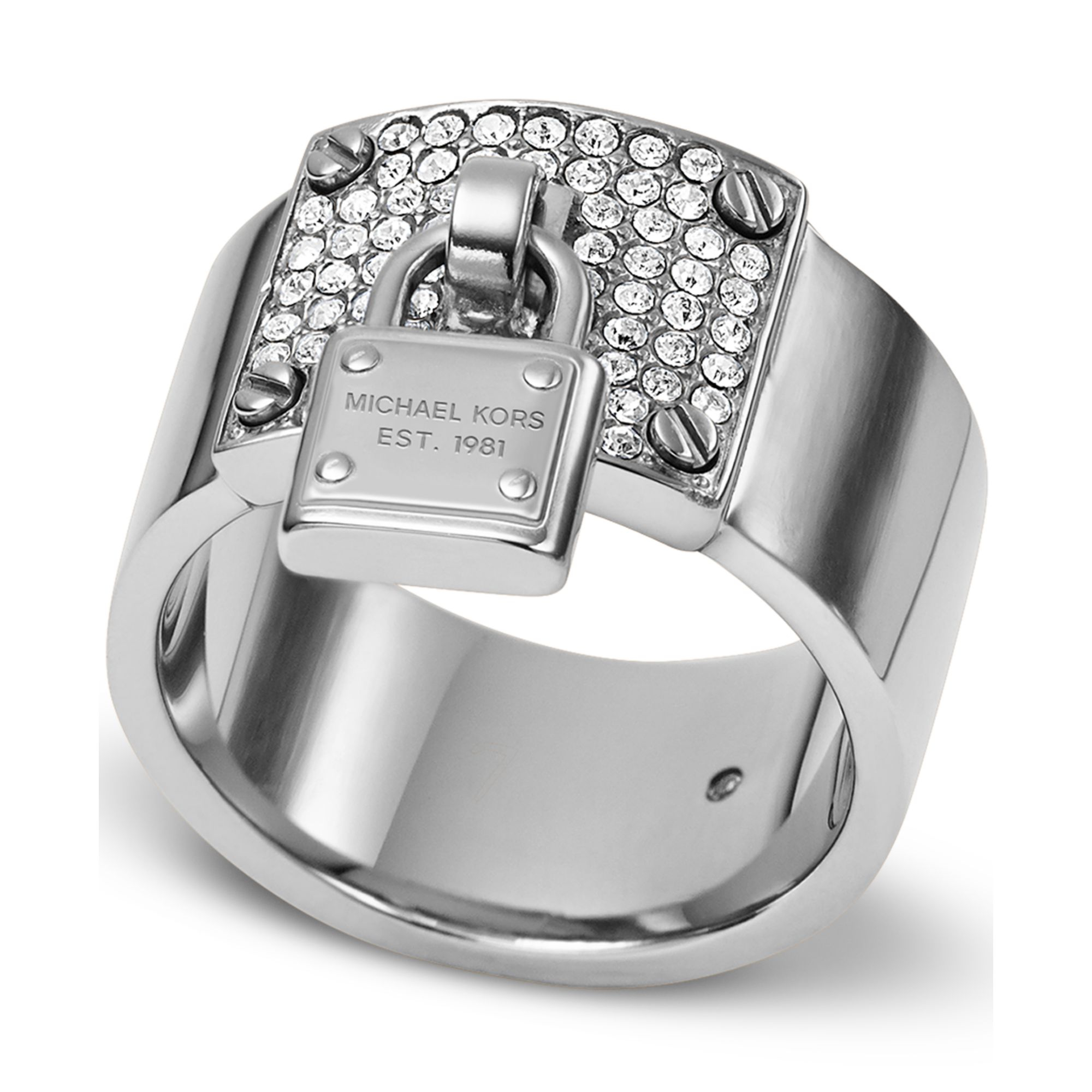 Michael Kors Silvertone Crystal Plaque and Padlock Ring in Metallic | Lyst