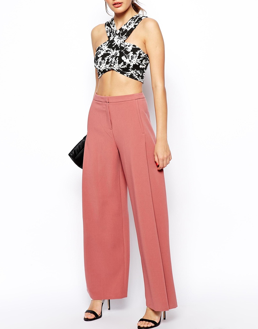 ASOS Pleat Front Wide Leg Trousers in Pink - Lyst