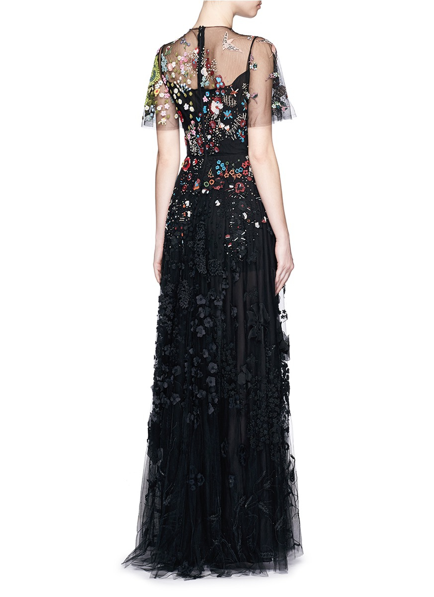 Valentino Floral Embroidery Bead Appliqué Tulle Gown in Black | Lyst