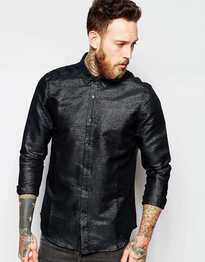 ASOS Shirt In Glitter Fabric With Long Sleeves in Black for Men | Lyst
