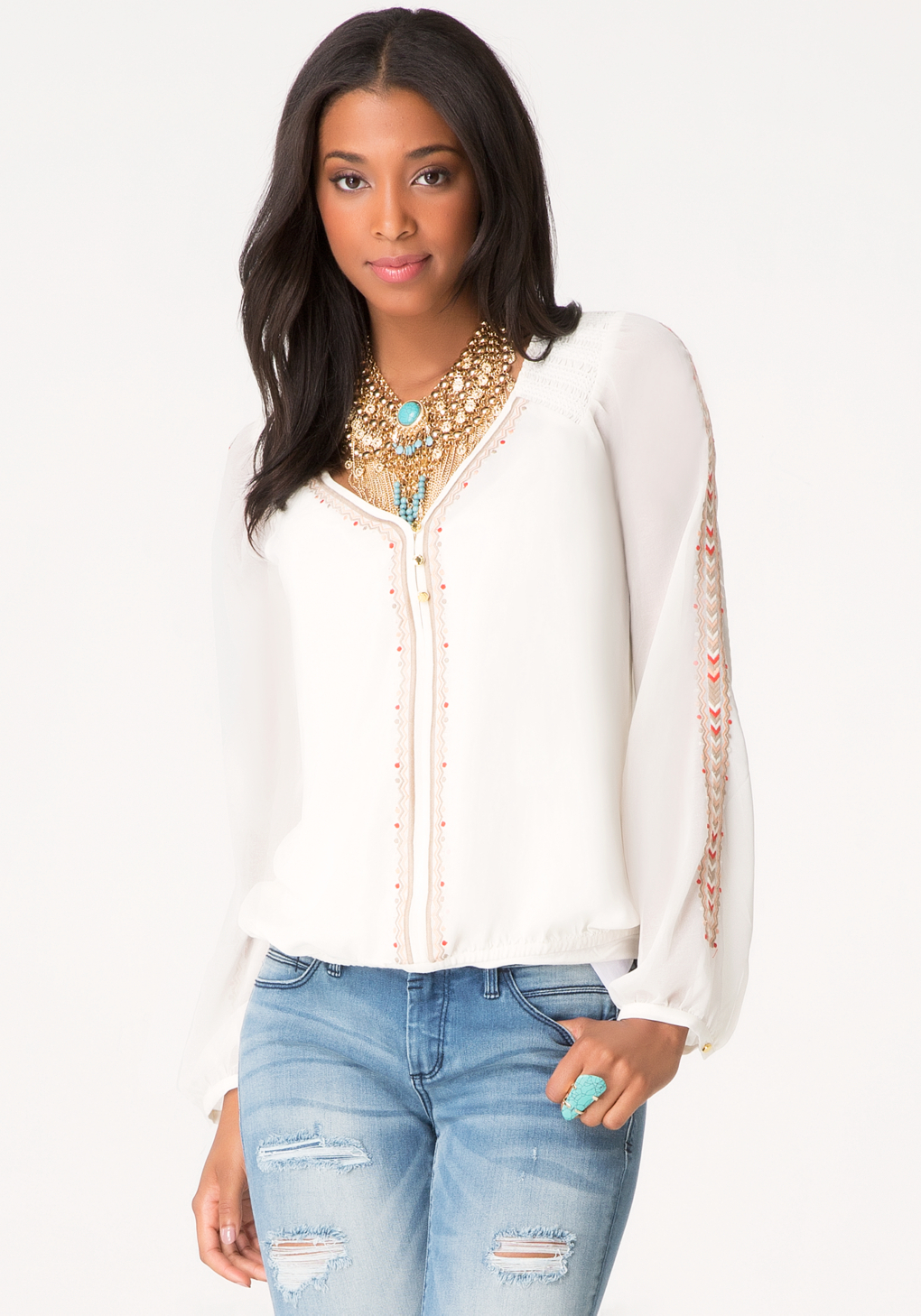 Bebe Embroidered Peasant Blouse in White | Lyst