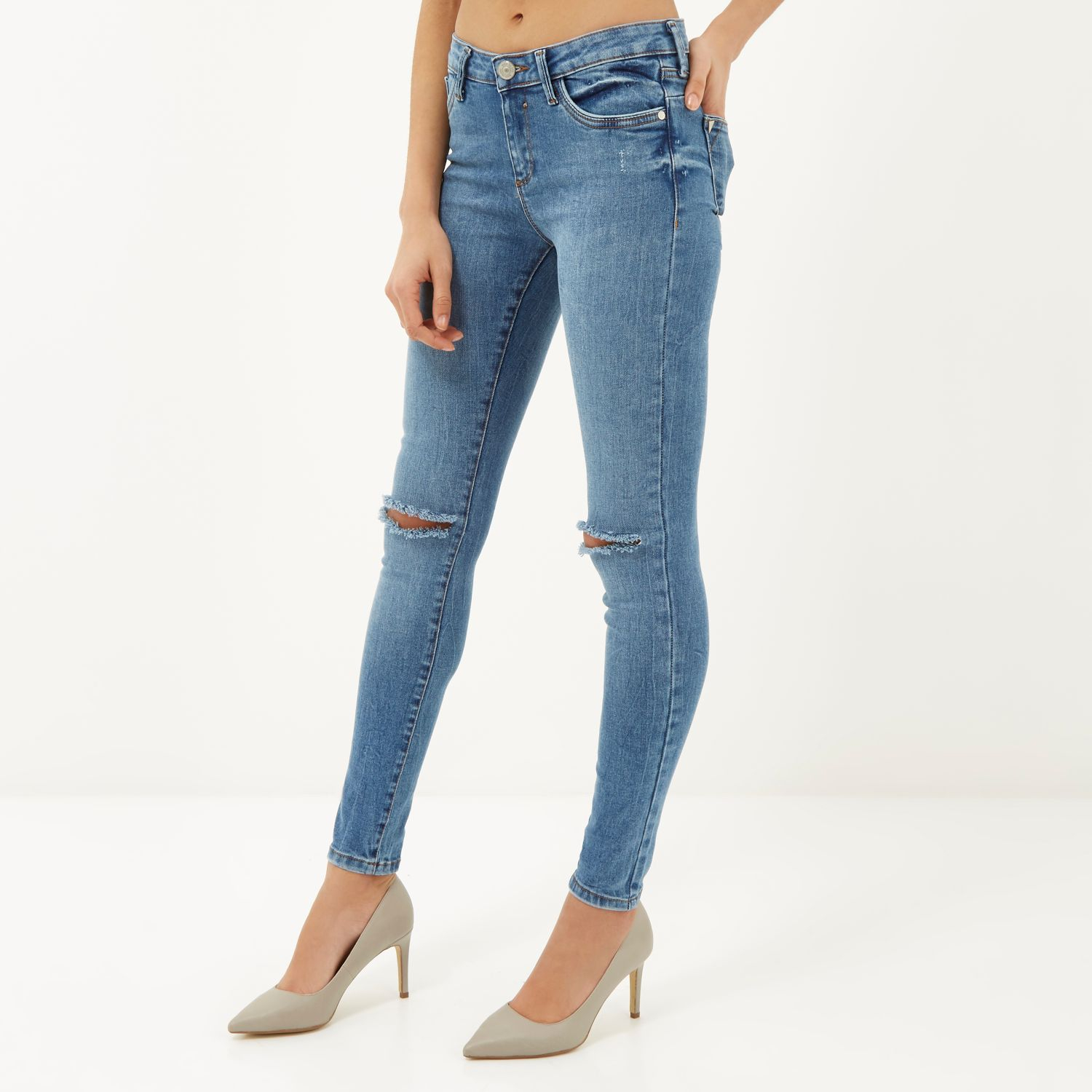 River island Mid Wash Ripped Knee Amelie Jeans in Blue Lyst