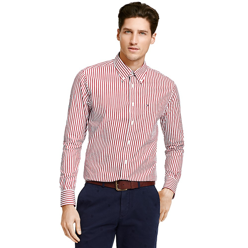 Tommy hilfiger Custom Fit Pinstripe Shirt in Pink for Men (RIO RED-PT ...