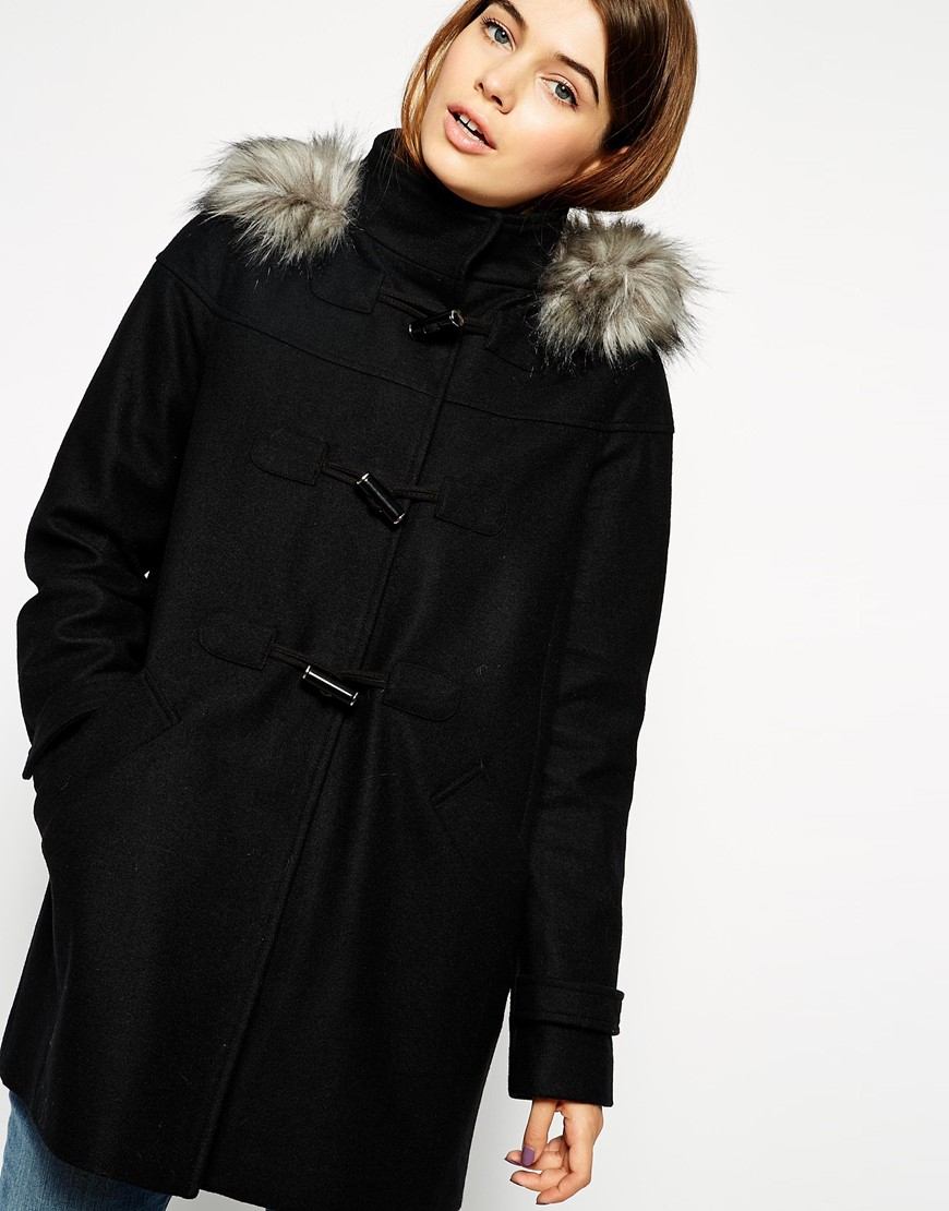 Asos Duffle Coat With Clean Detail Faux Fur Hood in Black | Lyst