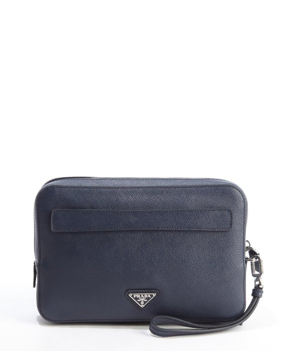 Prada Baltic Blue Saffiano Leather Double Zipper Small Travel Bag ...  