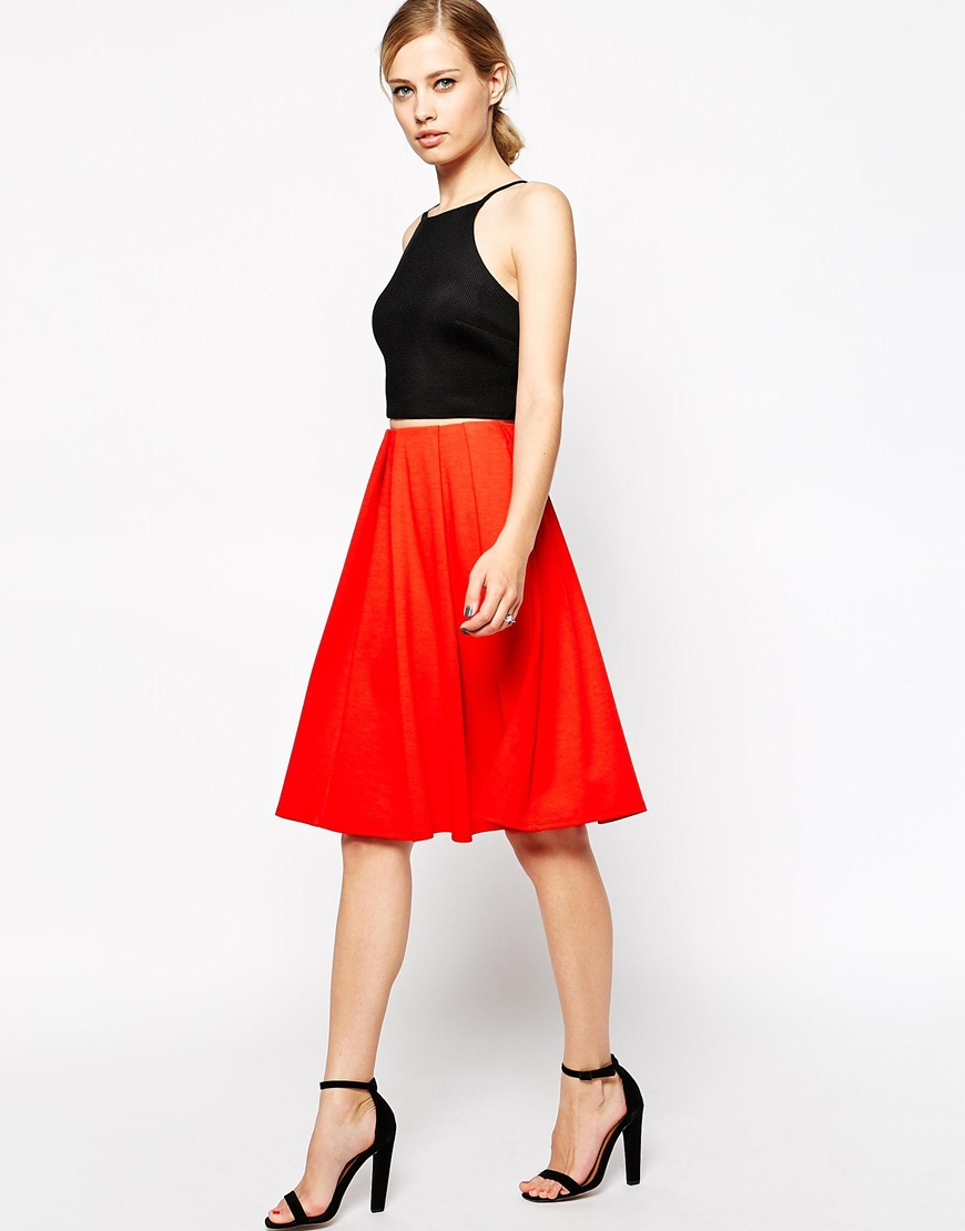 Lyst - Asos Midi Skirt In Ponte With Bold Pleats in Red