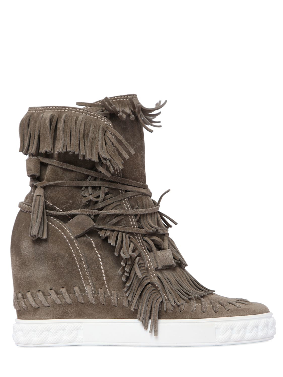Casadei 80mm Fringe Suede Wedge Boots in Khaki (Natural) Lyst