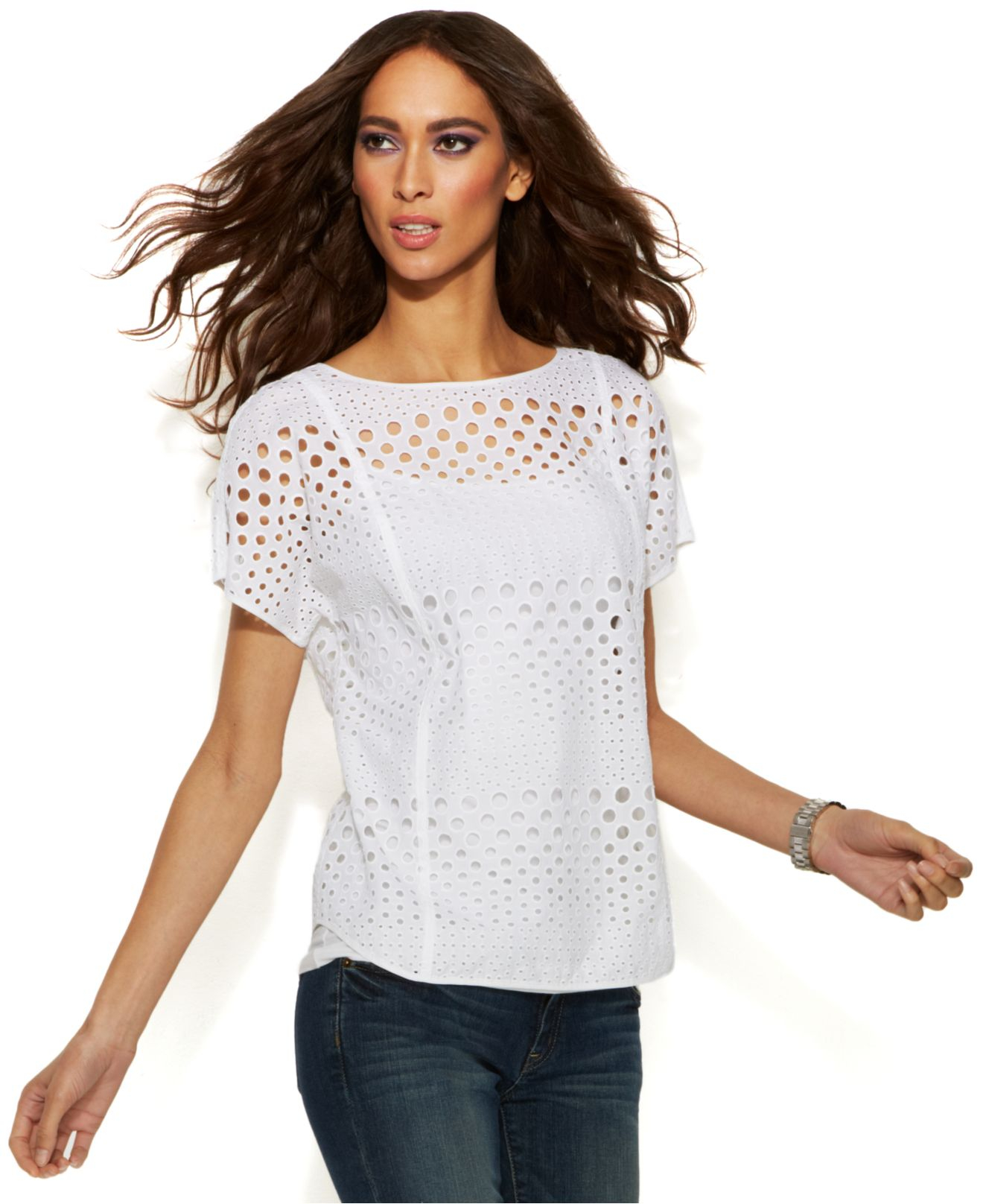 Michael Kors Michael Petite Short-Sleeve Eyelet Top in White | Lyst