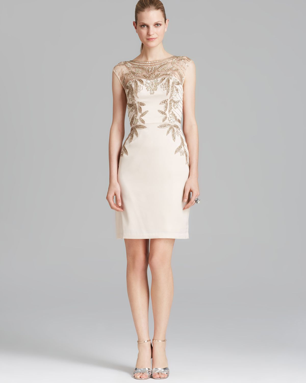 Sue wong Dress Cap Sleeve Illusion Neckline Beaded in Natural | Lyst