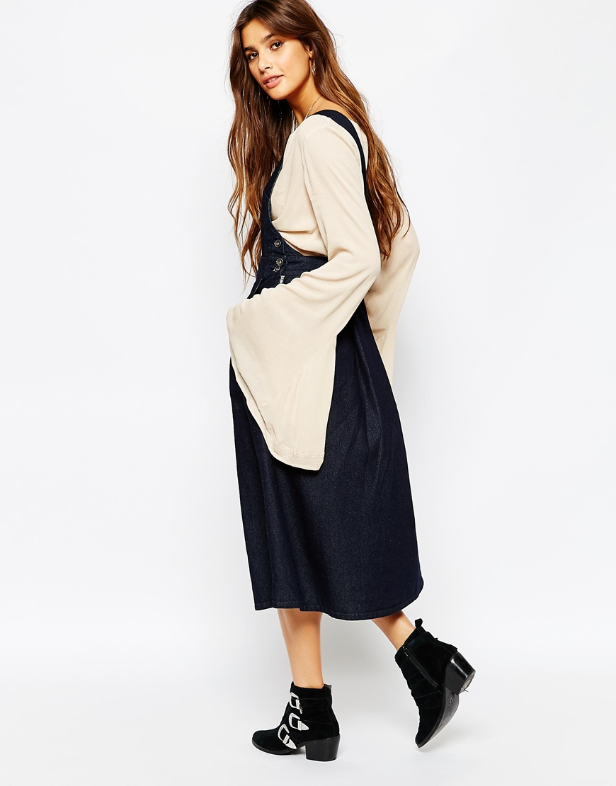 Free People Apron Denim Midi Dress With Pockets in Blue Lyst