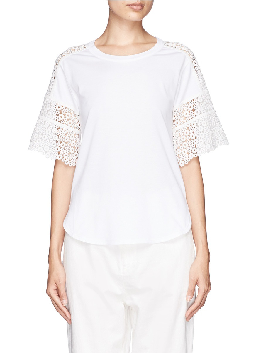 Lyst - Chloé Eyelet Guipure Lace Sleeve T-shirt in White