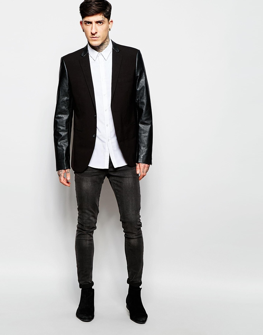 Lindbergh Blazer With Leather Sleeves in Black for Men - Lyst