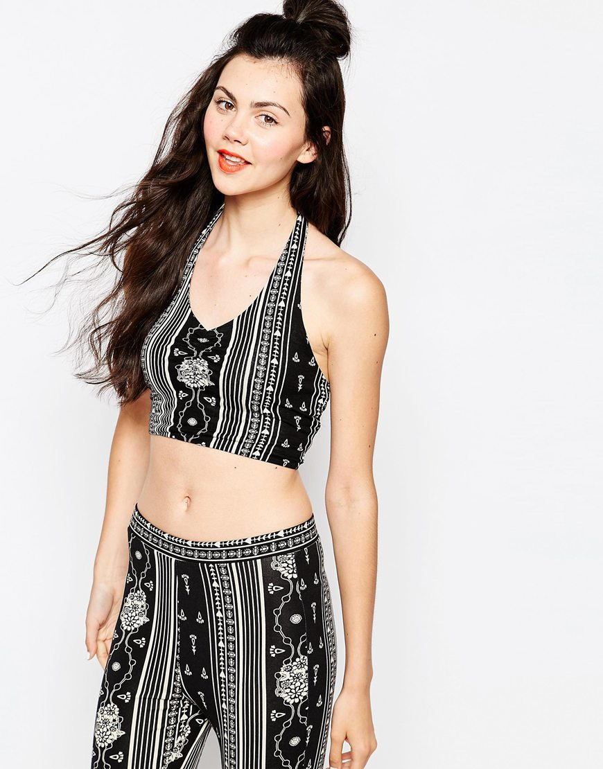 Lyst - Monki Festival Grunge Print Halter Neck Crop Top in Black