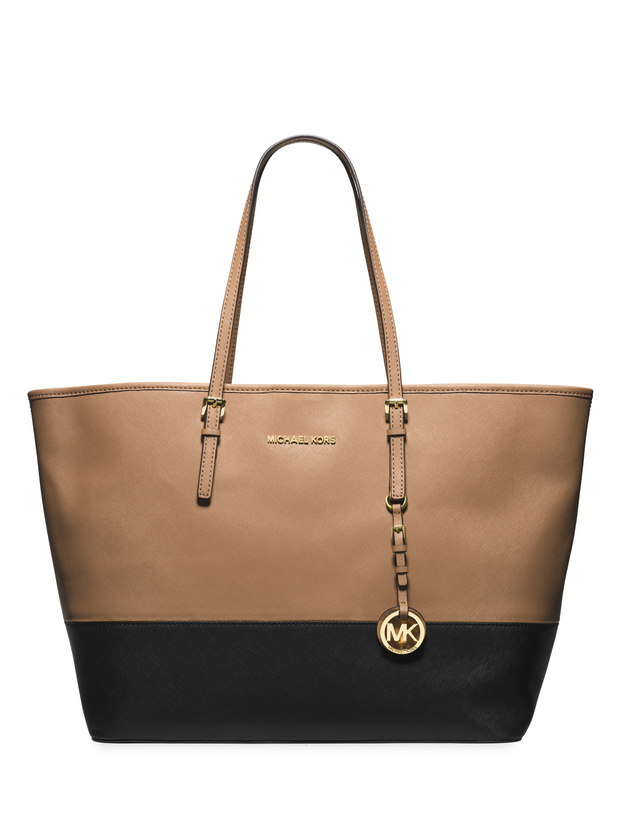 MICHAEL Michael Kors Jet Set Travel Medium Colorblock Saffiano Tote in  Tan-Black (Natural) - Lyst