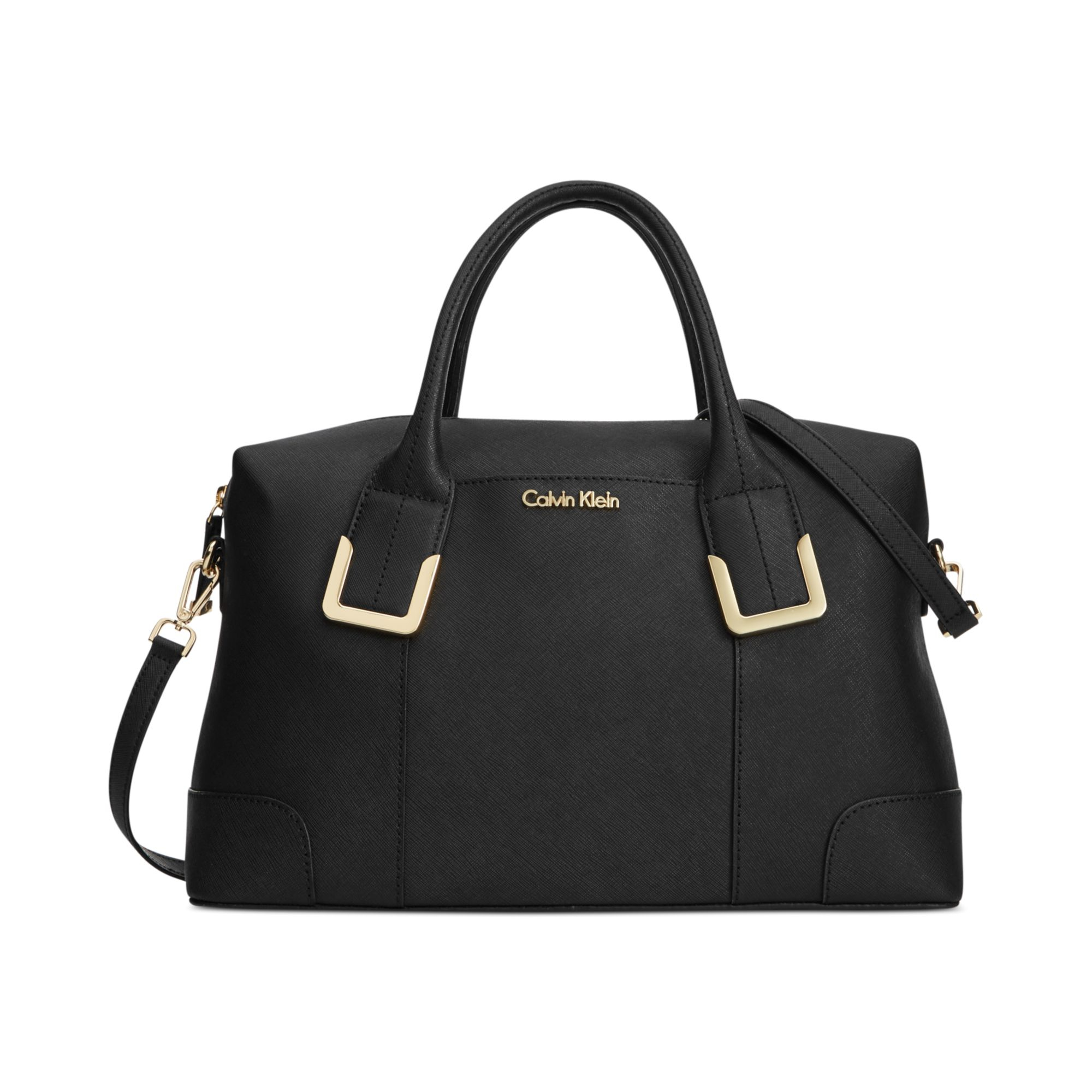 Calvin Klein On My Corner Saffiano Satchel in Black (Black/Gold) Lyst
