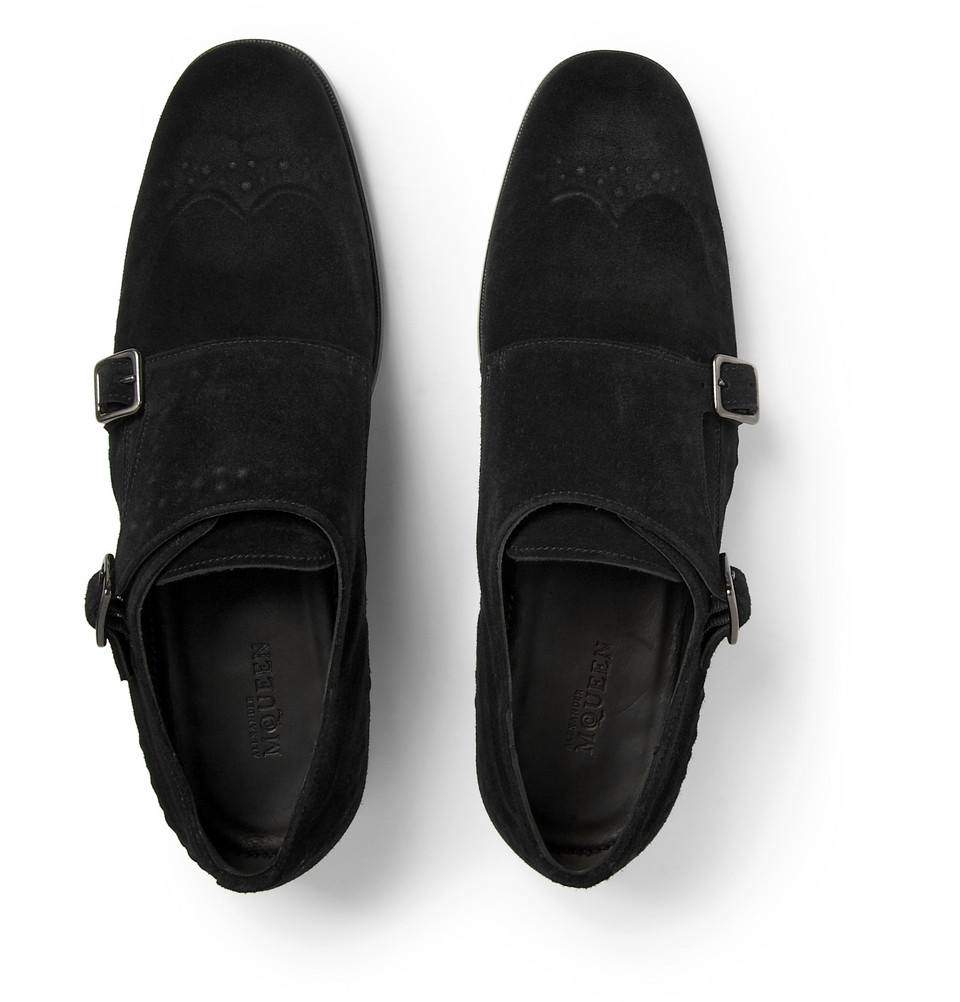 Alexander McQueen Studded Suede Monk-Strap Shoes in Black for Men - Lyst