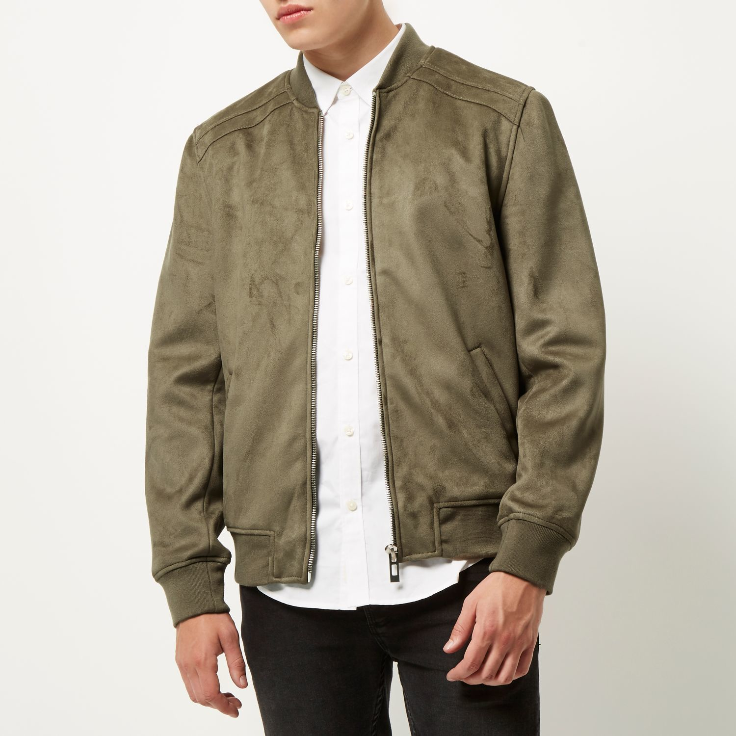 River island Pale Khaki Faux Suede Bomber Jacket in Gray for Men (Grey ...