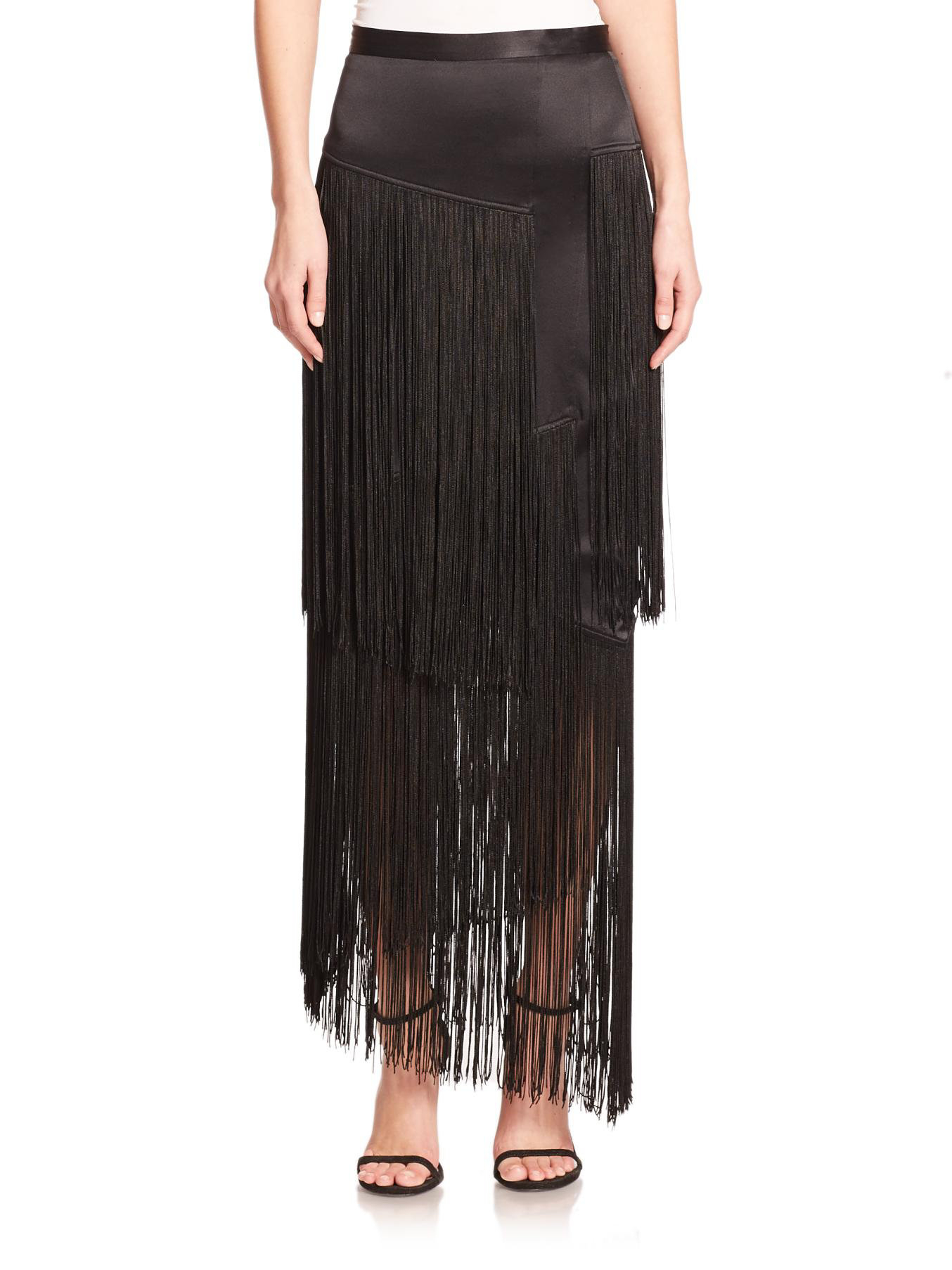Tamara mellon Silk Layered Fringe Maxi Skirt in Black | Lyst