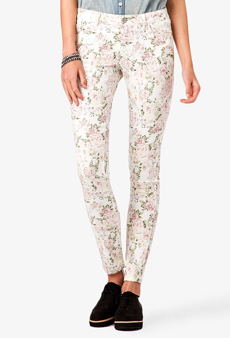 Forever 21 Floral Print Skinny Jeans in Cream/Light Pink (Natural) | Lyst