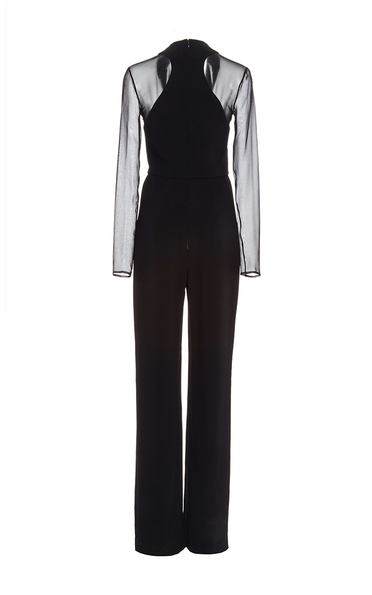 black jumpsuit with sheer sleeves