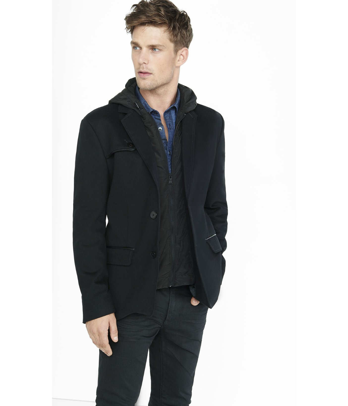 Express Slim Photographer Moleskin System Hooded Blazer in Black for