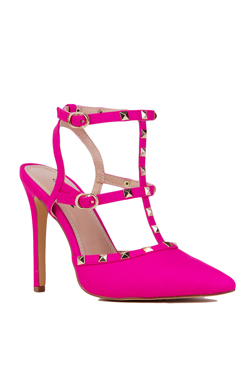AKIRA T-Strap Studded Heels In Hot Pink 