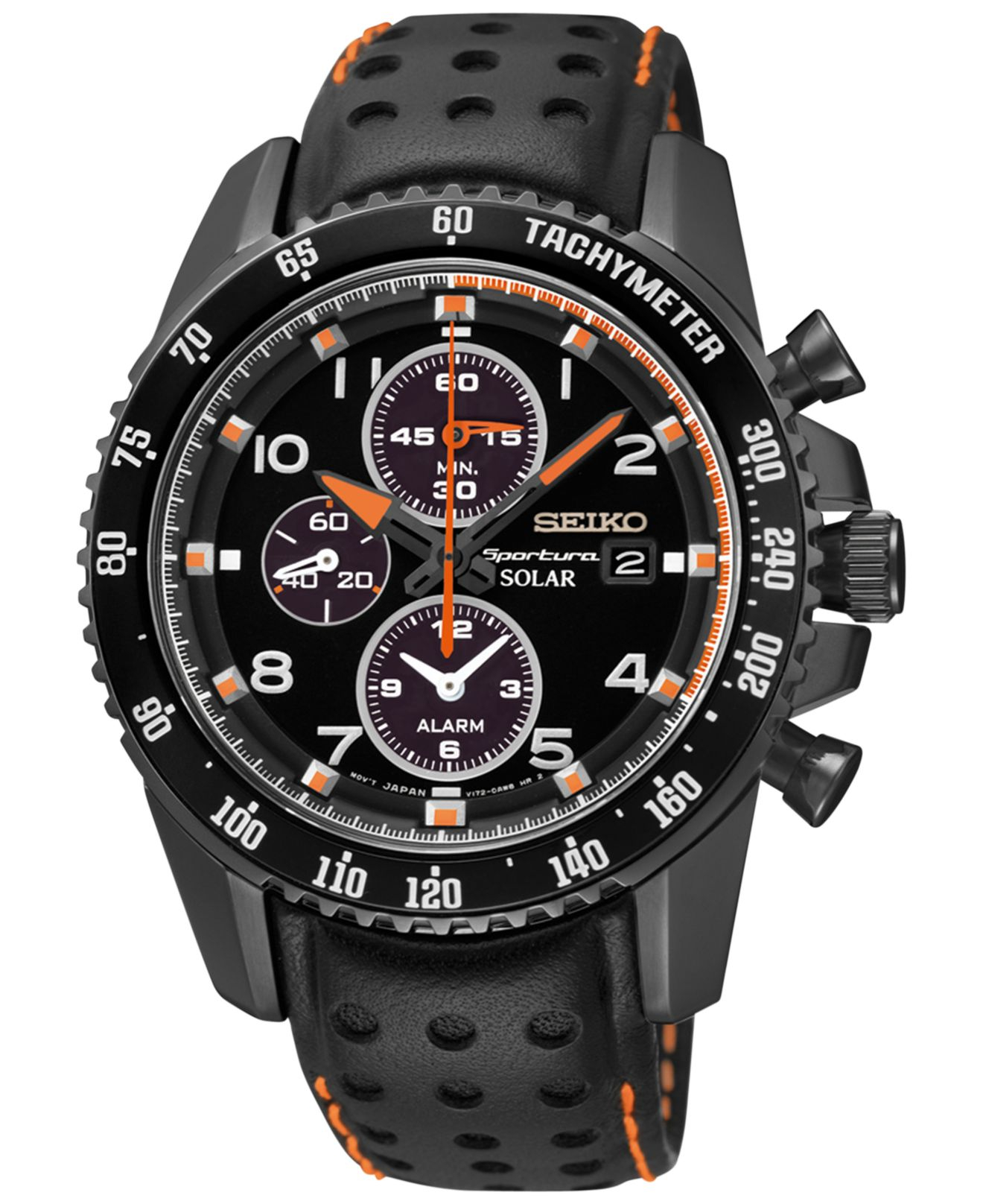 Seiko Men's Solar Chronograph Black Perforated Leather Strap Watch 41mm