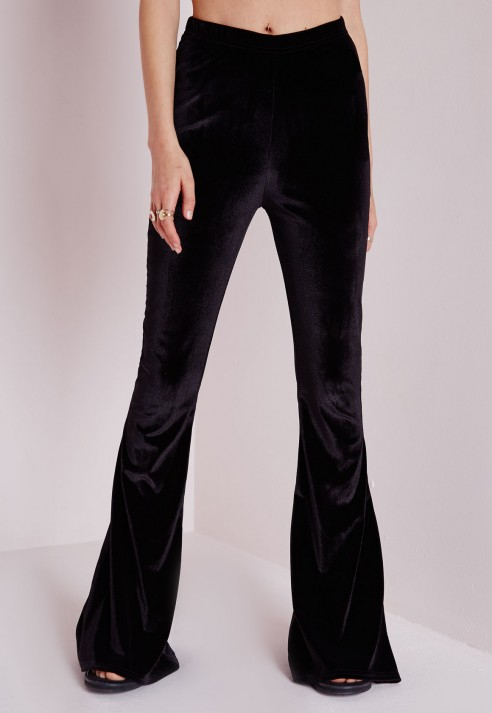 Black velvet flared trousers Clearance