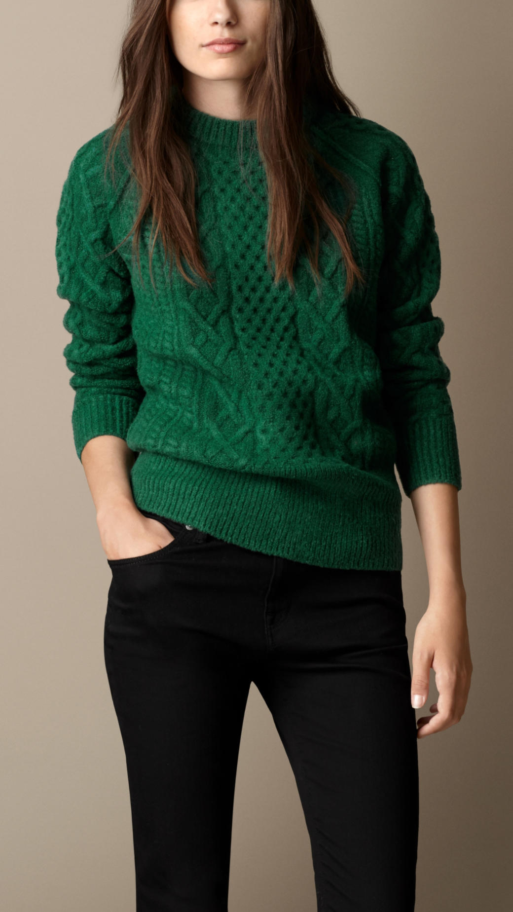 Burberry Wool Blend Cable Knit Sweater in Green | Lyst
