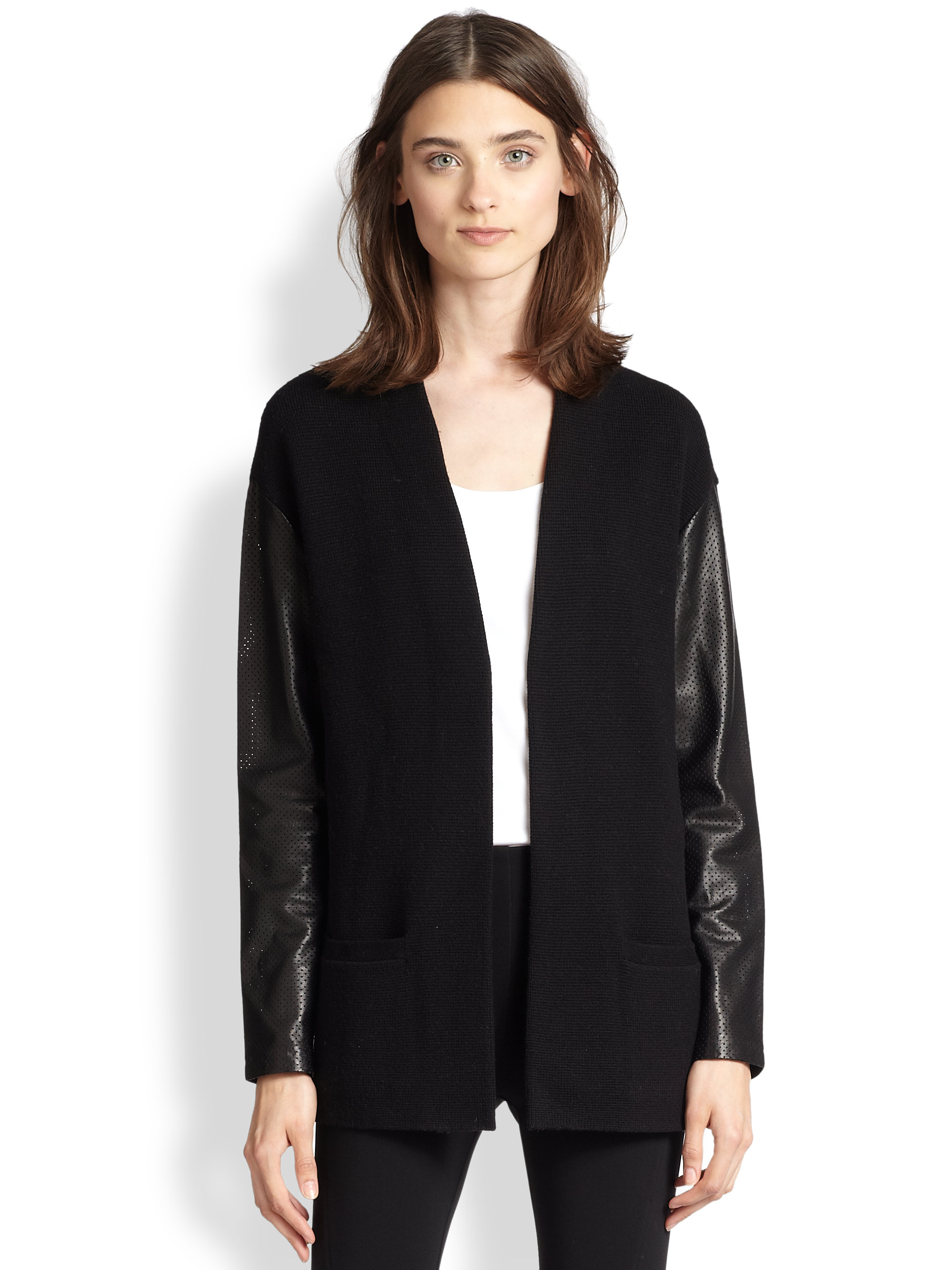 Ralph Lauren Leather-sleeve Wool Cardigan in Black | Lyst
