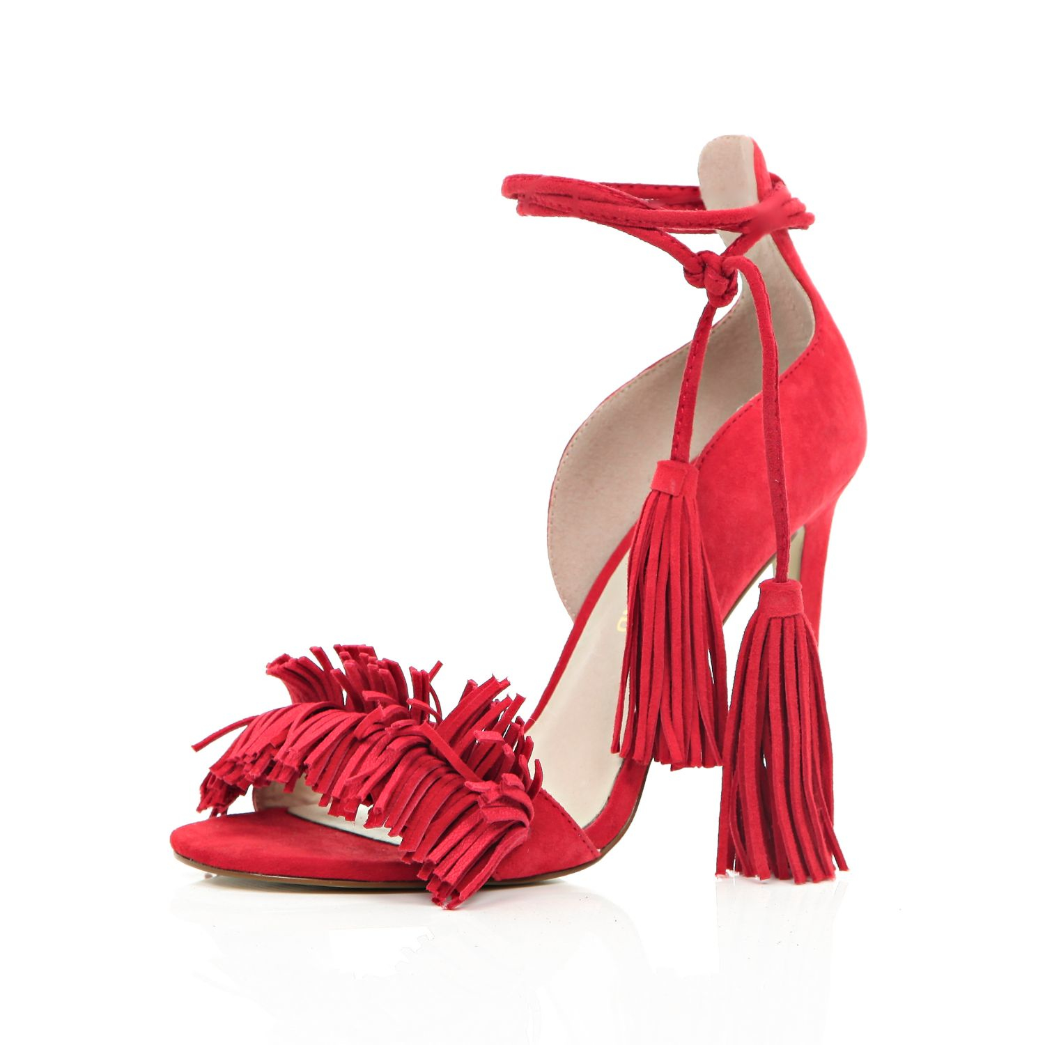 red fringe sandals tassels strappy heels