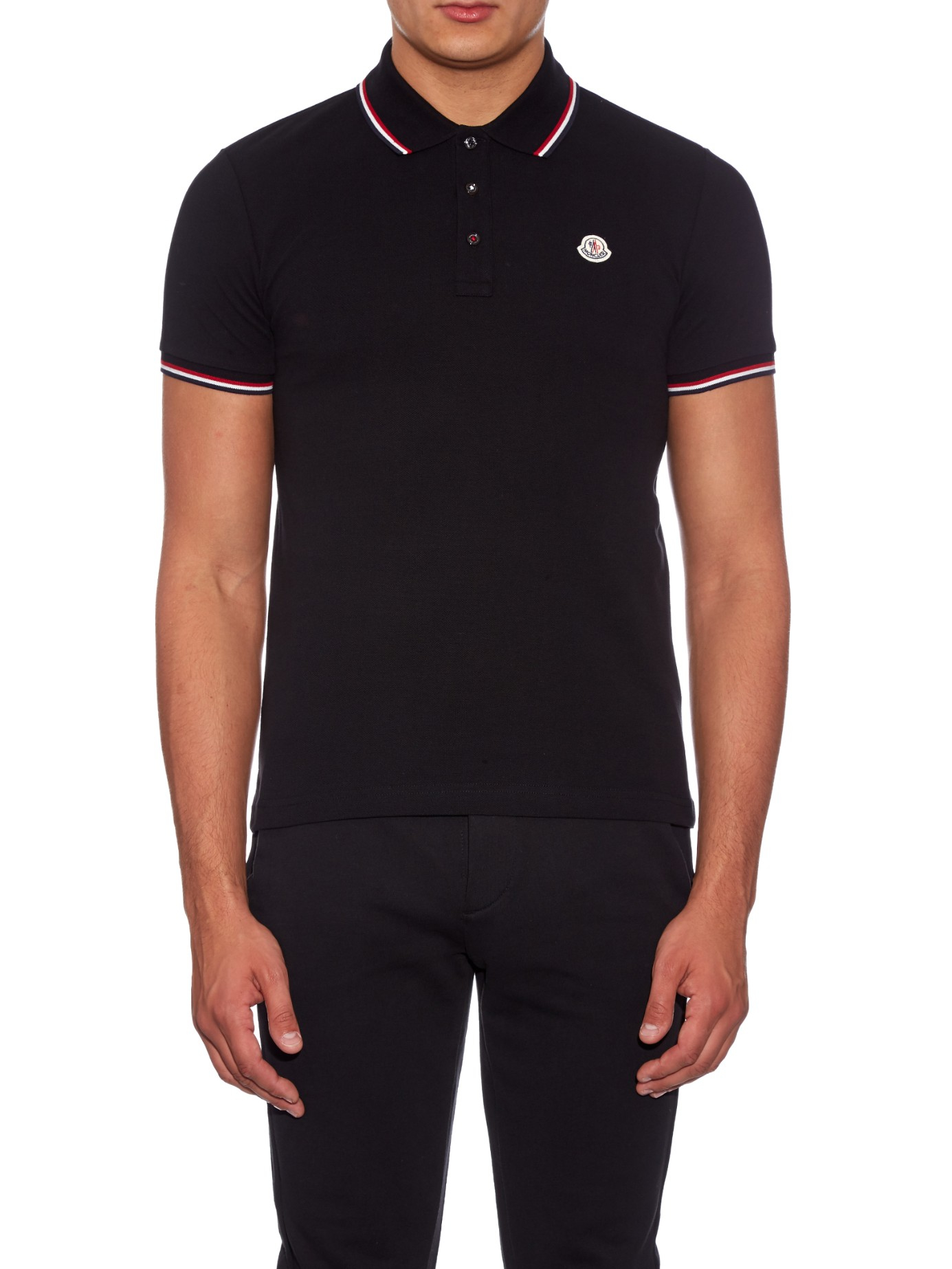 Moncler Striped-trim Cotton-piqué Polo Shirt in Black for Men - Lyst