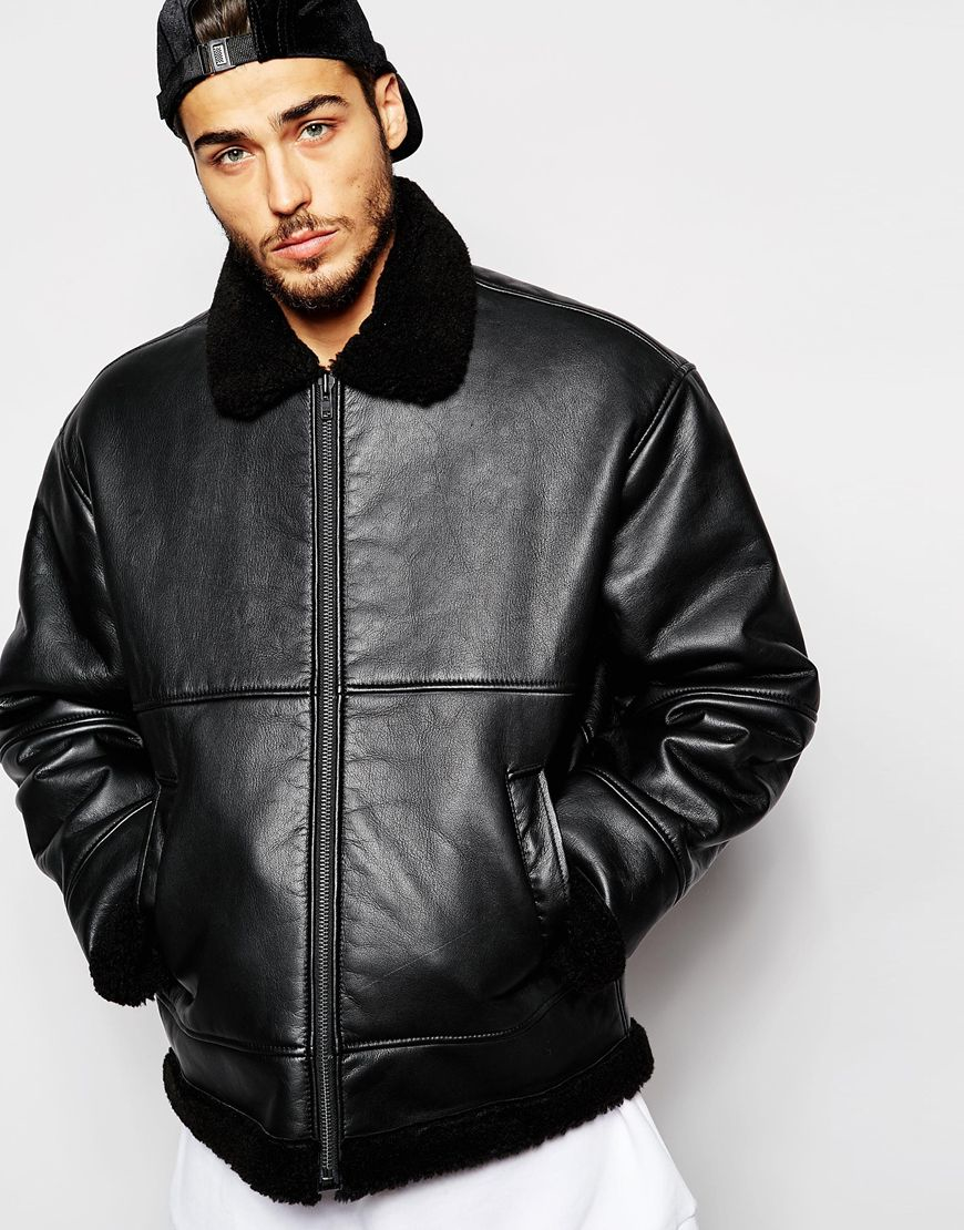 Weekday Shearling Leather Jacket Oversized in Black for Men - Lyst