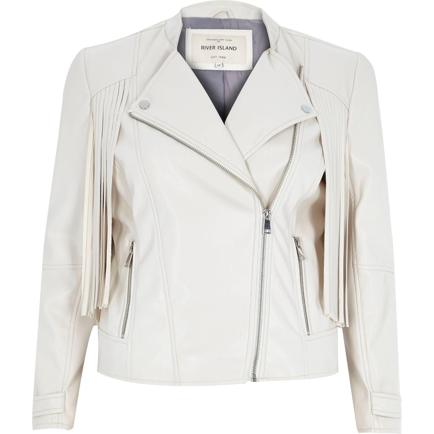 River Island Cream Leather-Look Fringed Biker Jacket in Beige (Cream ...