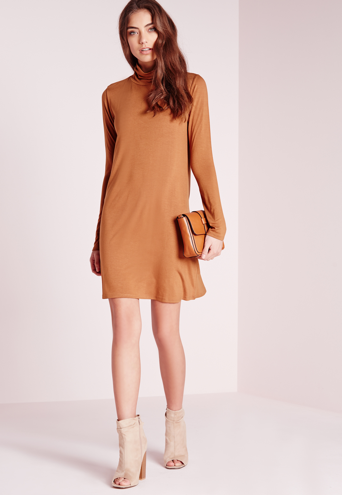 Missguided Roll Neck Jersey Swing Dress Rust in Brown | Lyst