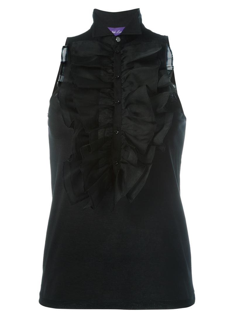 black sleeveless ruffle blouse