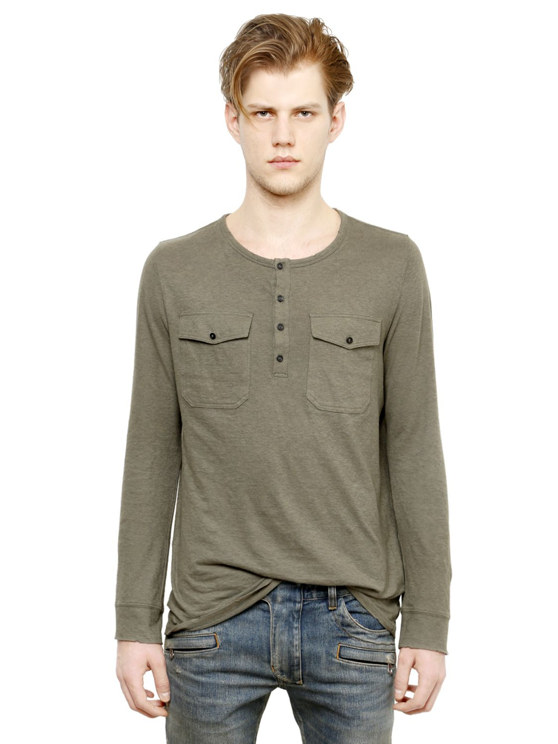 Balmain Long Sleeve Cotton Henley T-Shirt in Khaki (Natural) for Men - Lyst