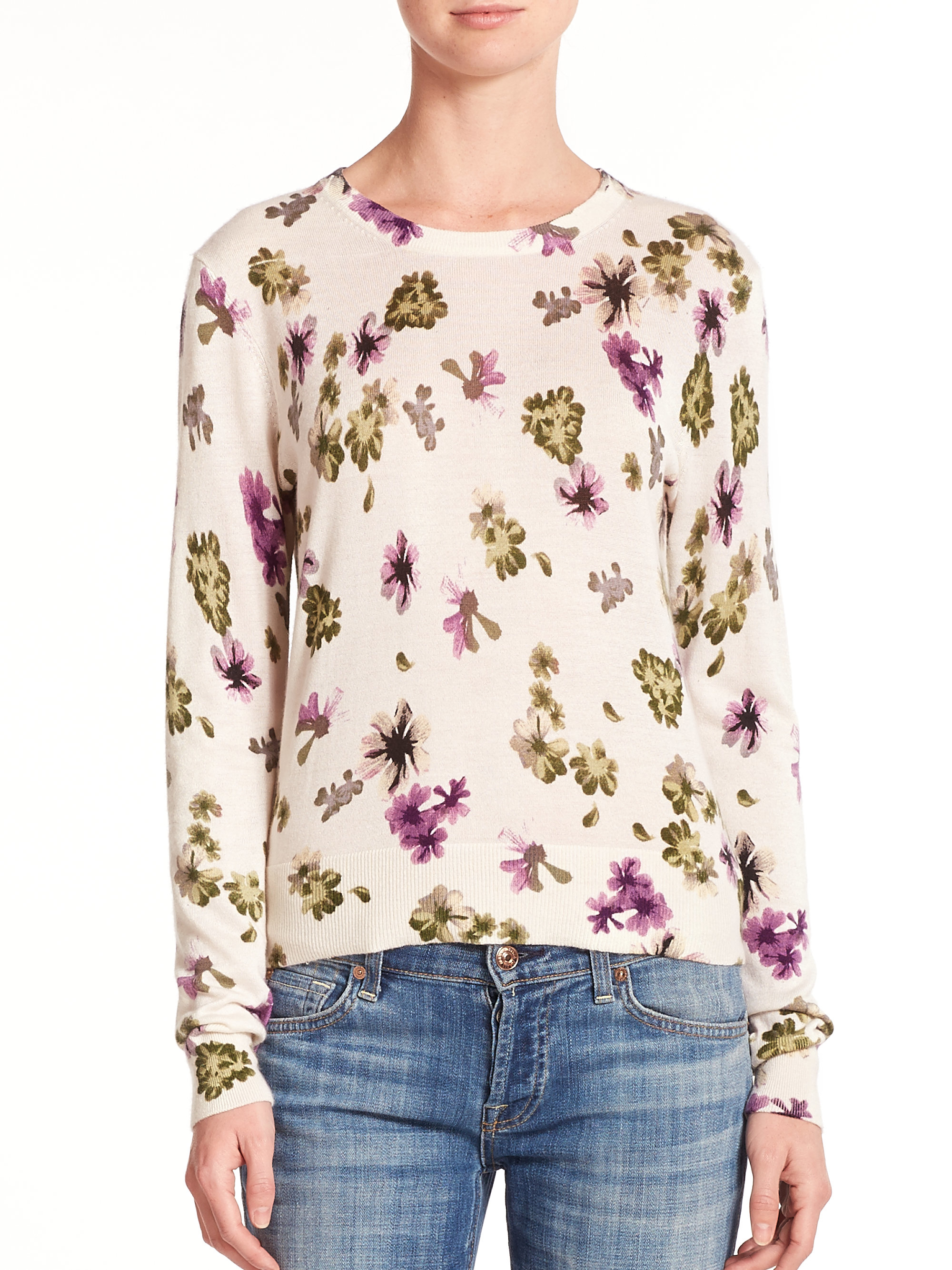 Equipment Sloane Silk u0026 Cashmere Floral-print Sweater in White | Lyst