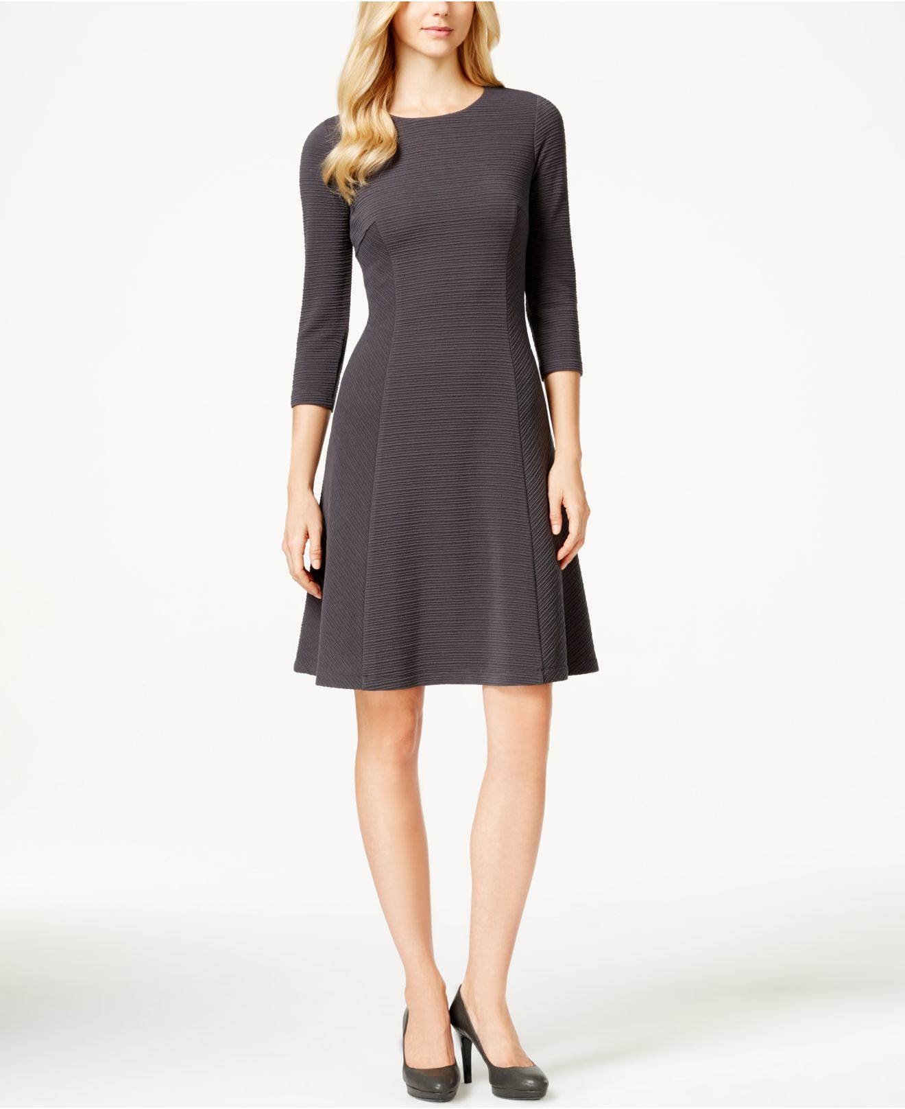 Calvin Klein Threequarter Sleeve Flare Dress in Charcoal (Gray) Lyst